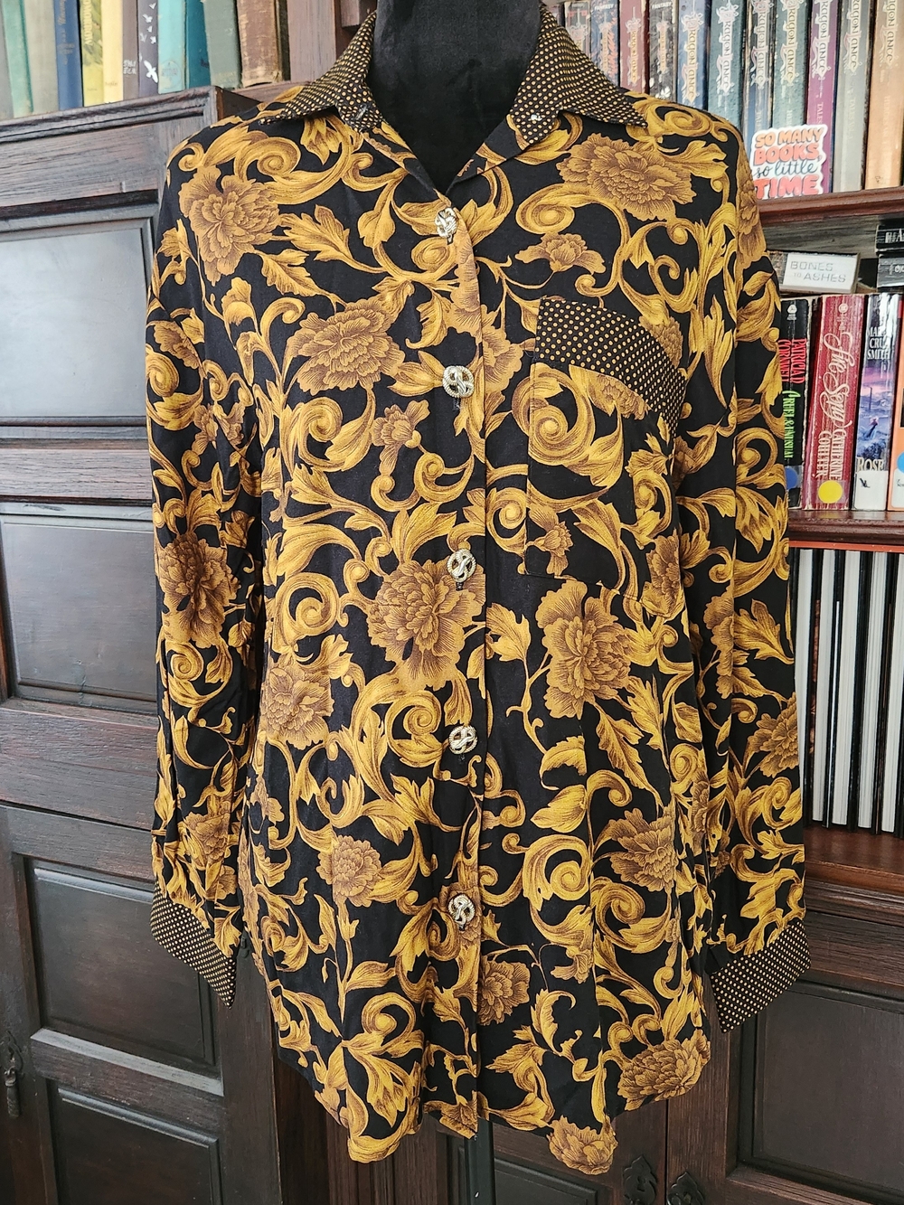 Black & Gold Floral Long-Sleeve Button-Up Dress